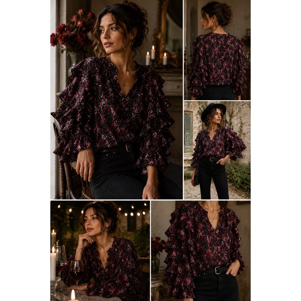 Whimsigoth Dark Romance Floral Blouse Romantic Feminine Festival Ruffle Sleeve L - Picture 6 of 6